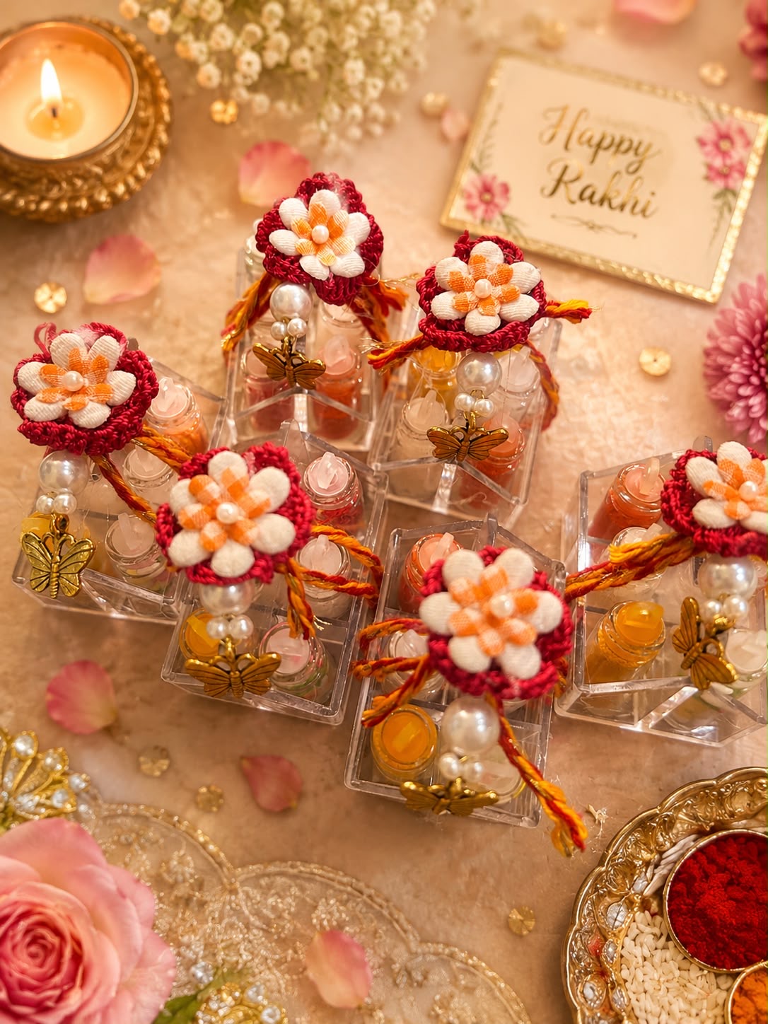 Five small clear gift boxes decorated with red and white flower ornaments, gold foil, and orange tassels, arranged on a beige surface with pink petals, a lit candle, and a card that reads 'Happy Rakhi'.