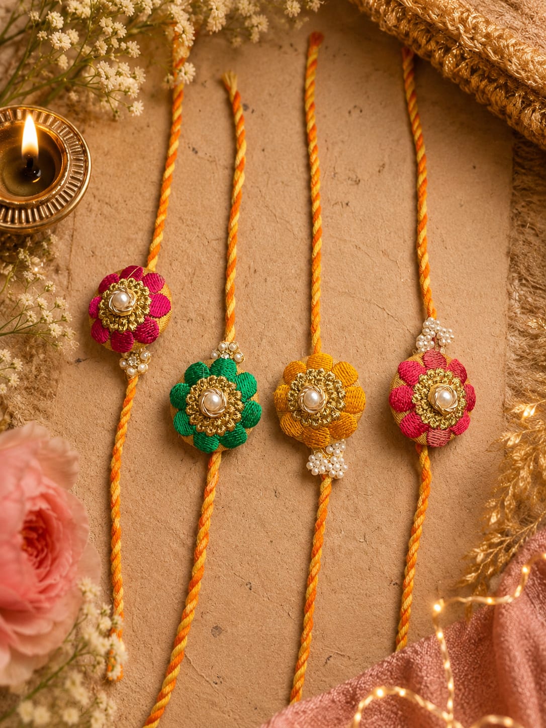 NB- 08 Traditional Handcrafted Floral Embroidered Bhai Rakhi with Pearl & Zari Work