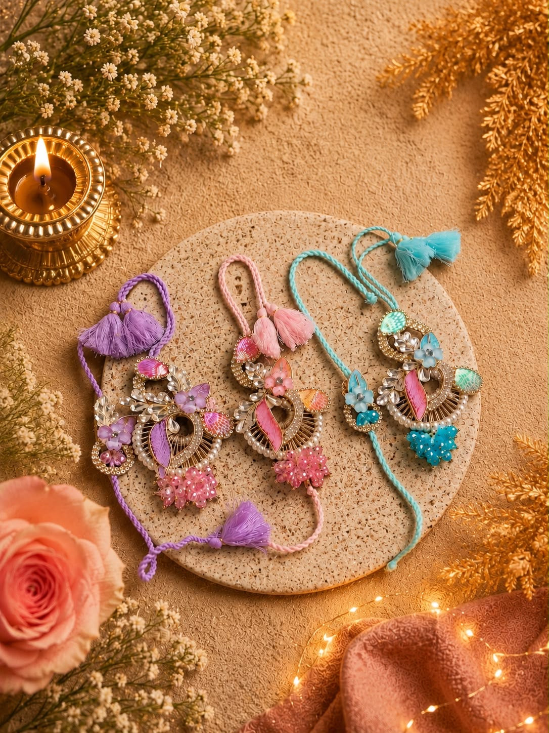 Pastel Designer Bhai Bhabhi Lumba Rakhi Set with Floral & Crystal Detailing
