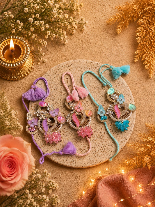 Pastel Designer Bhai Bhabhi Lumba Rakhi Set with Floral & Crystal Detailing
