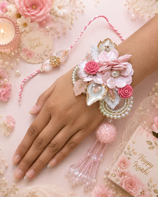 A decorative pink and white Rakhi bracelet worn on a person's wrist, surrounded by pink flowers, pearls, and festive props on a soft pink background.