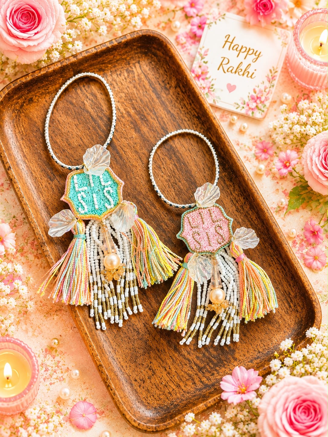 Two handmade Rakhi keychains displayed on a wooden tray, surrounded by pink roses, candles, and a 'Happy Rakhi' card. The keychains feature colorful embroidered 'Rakhi' nameplates, silver beaded rings, and multicolored thread tassels.