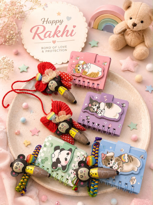 Four pastel spiral notebooks with cute animal illustrations are arranged on a round plate with colorful braided charm accessories. A cream card reading 'Happy Rakhi' is visible, along with a teddy bear, stars, and a rainbow in a soft pink styled setting.