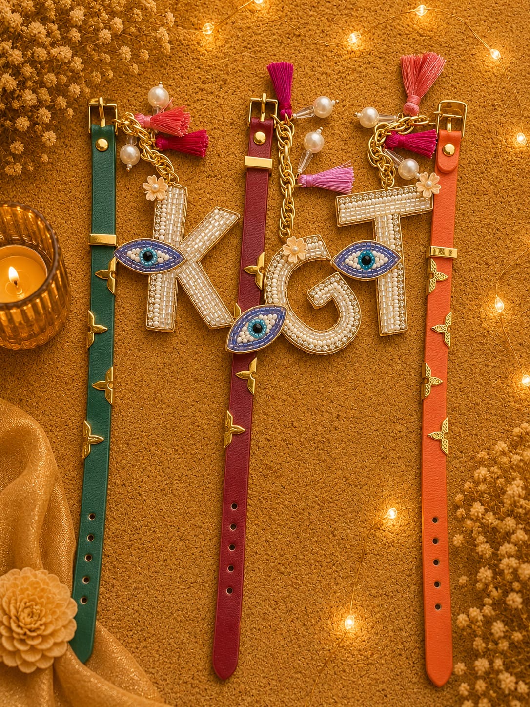 Personalised Alphabet Leather Bracelet Rakhi for Girls & Bhabhi | Reusable Evil Eye Bracelet with Alphabet Charm