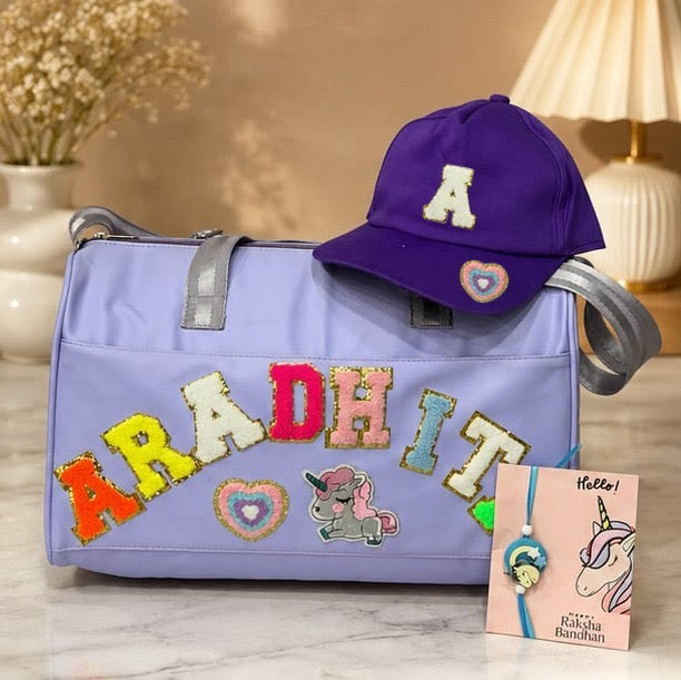 Personalized Kids Duffle Bag with Cap & Rakhi | Custom Name Travel Bag Gift Combo | Raksha Bandhan 2026