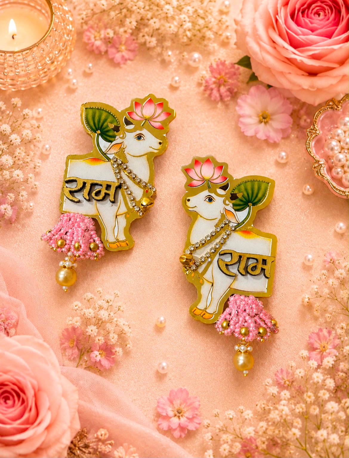 Two decorative Lakshmi enamel pins displayed on a pink fabric background decorated with pink roses, baby's breath, and a lit candle. The pins feature a white cow with pink lotus flowers, gold borders, and the Hindi word 'Ram' written on a pink banner.