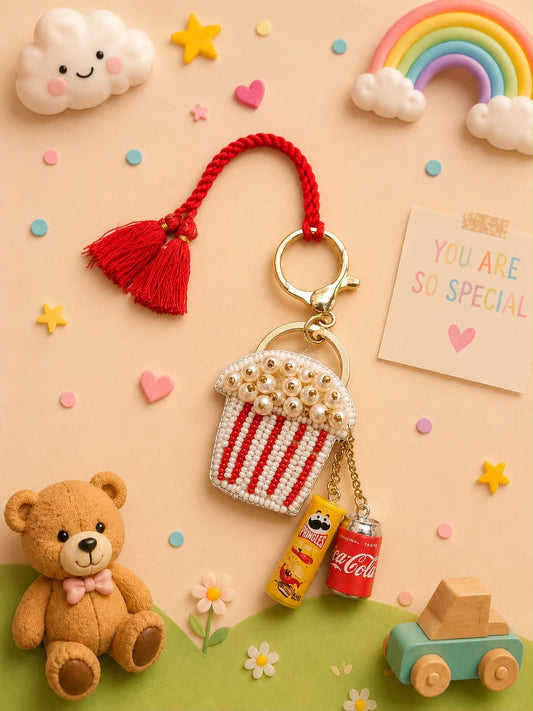 Popcorn & Coke Bag Charm Lumba Rakhi | Reusable Quirky Bracelet Rakhi for Girls | Kids Rakhi 2026