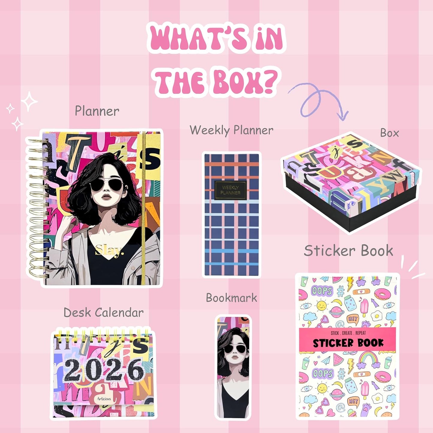 Product display with planner, weekly planner, box, desk calendar, bookmark, and sticker book on a pink background.