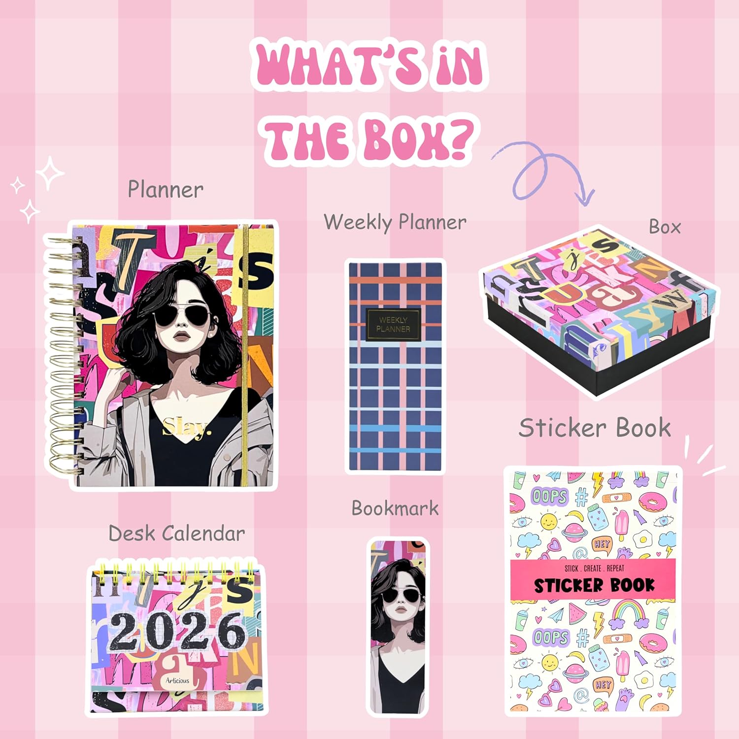 Product display with planner, weekly planner, box, desk calendar, bookmark, and sticker book on a pink background.
