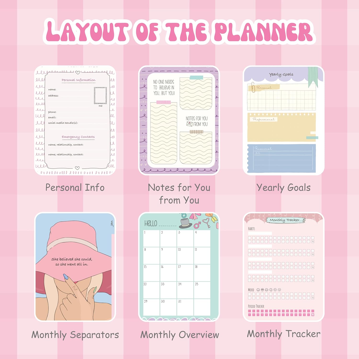 Planner layout with various sections on a pink striped background