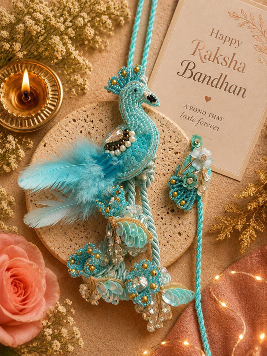 Premium Blue Peacock Designer Bhai Bhabhi Lumba Rakhi Set with Handcrafted Embellishments