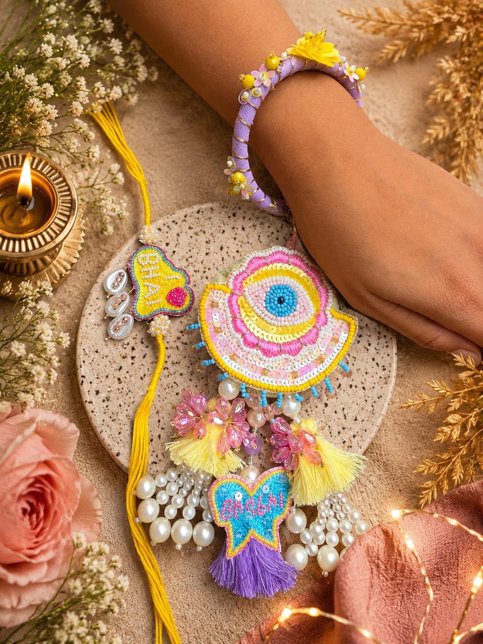 Premium Evil Eye Bracelet Bhai Bhabhi Rakhi Set with Embroidered Lumba & Matching Bhai Rakhi