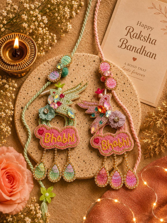 Premium Hand Embroidered Bird Rakhi Lumba Set for Bhai Bhabhi | Designer Rakhi with Floral Detailing