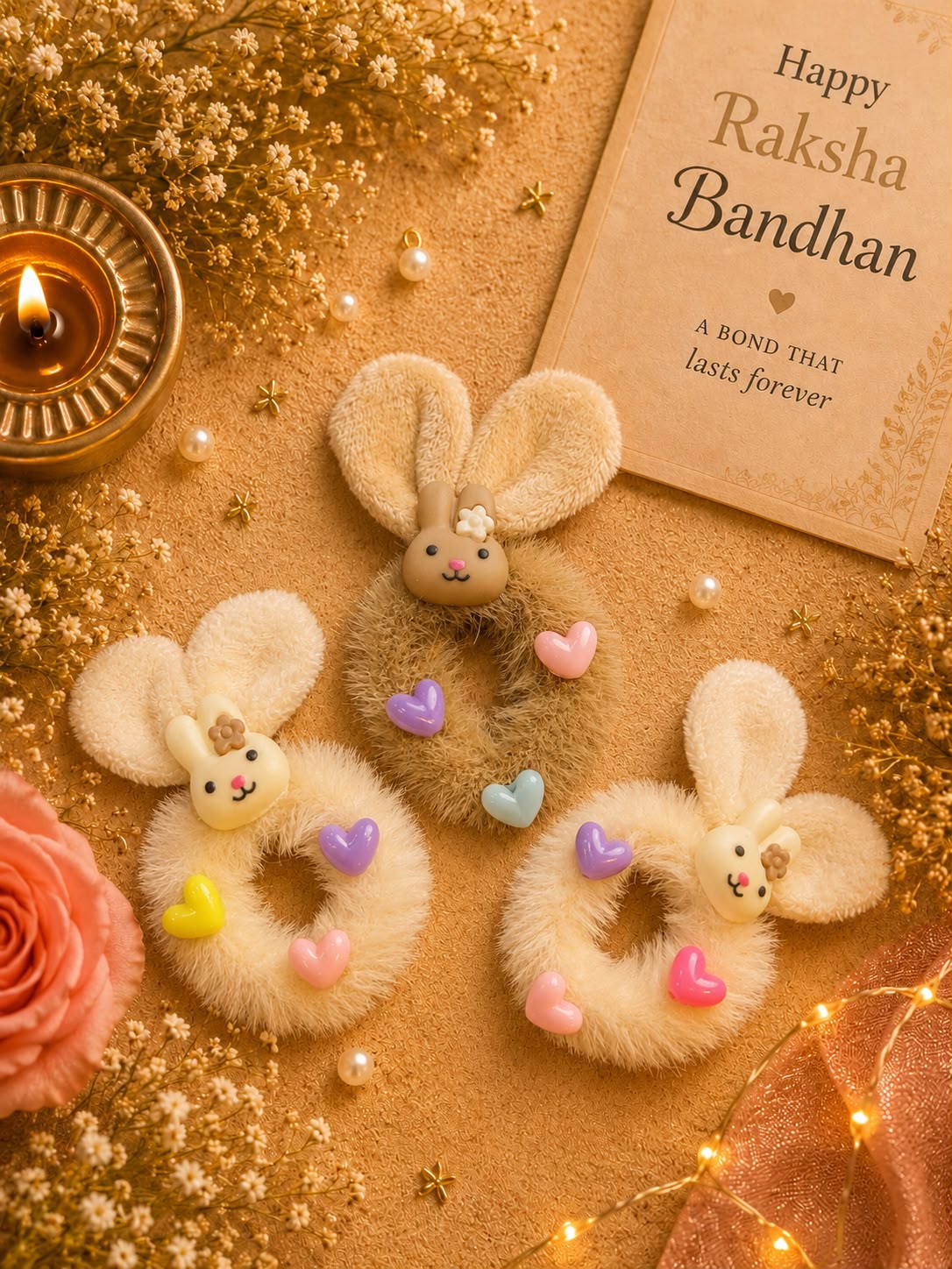 Three fluffy bunny-shaped Raksha Bandhan gifts arranged on a warm beige surface with dried flowers, a lit candle, pearls, and a card reading 'Happy Raksha Bandhan.' The products are cream faux-fur rings with bunny faces and pastel heart charms.