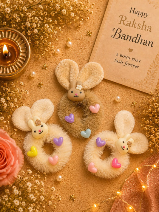 Three fluffy bunny-shaped Raksha Bandhan gifts arranged on a warm beige surface with dried flowers, a lit candle, pearls, and a card reading 'Happy Raksha Bandhan.' The products are cream faux-fur rings with bunny faces and pastel heart charms.