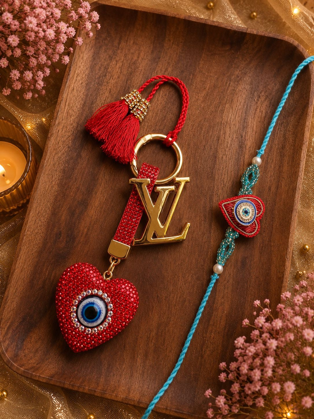 Reusable Evil Eye Bag Charm Rakhi Lumba Set | Swarovski Heart Rakhi for Bhai Bhabhi | Premium Rakhi Set 2026
