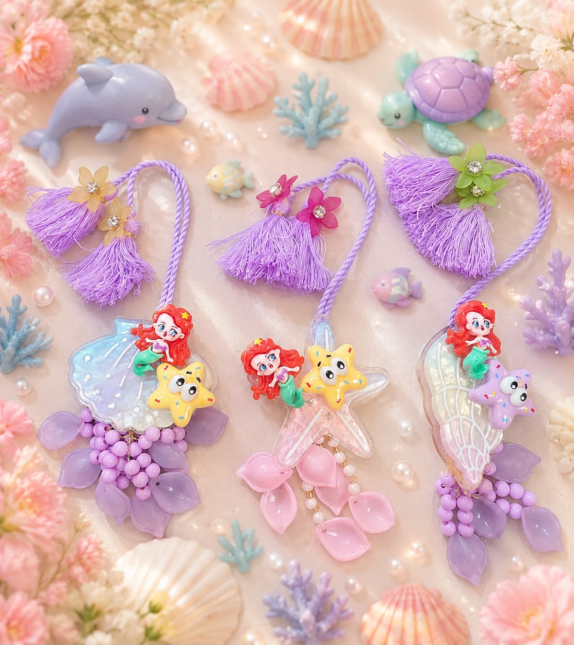 Three mermaid-themed resin keychains with purple tassels, arranged on a pastel pink background decorated with seashells, coral, pearls, and sea creatures.