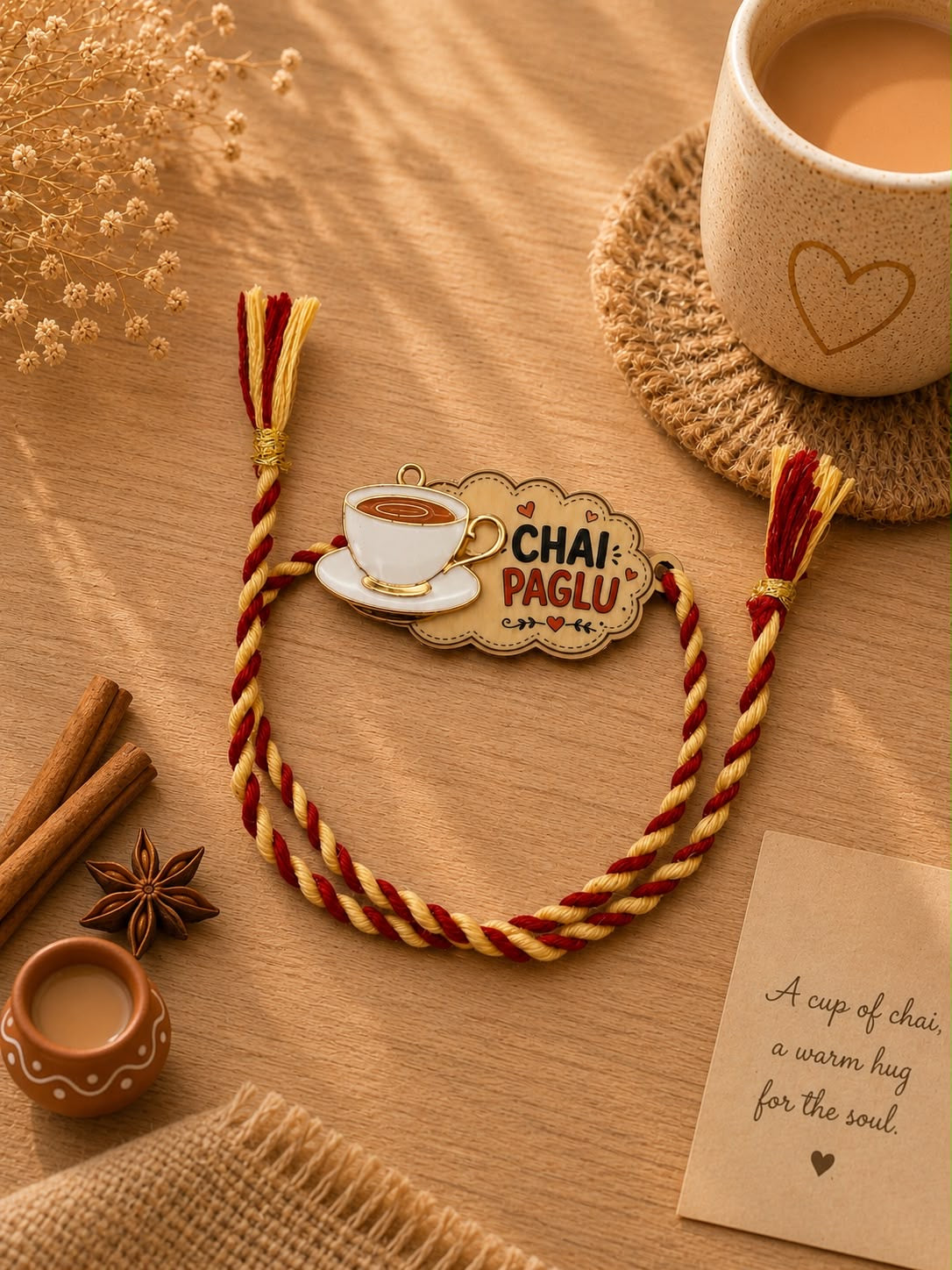 A braided cord accessory with red and cream strands, tassel ends, and a central charm reading “CHAIR PAGLI,” styled on a wooden surface with a cup of chai, dried flowers, cinnamon sticks, and a small card.