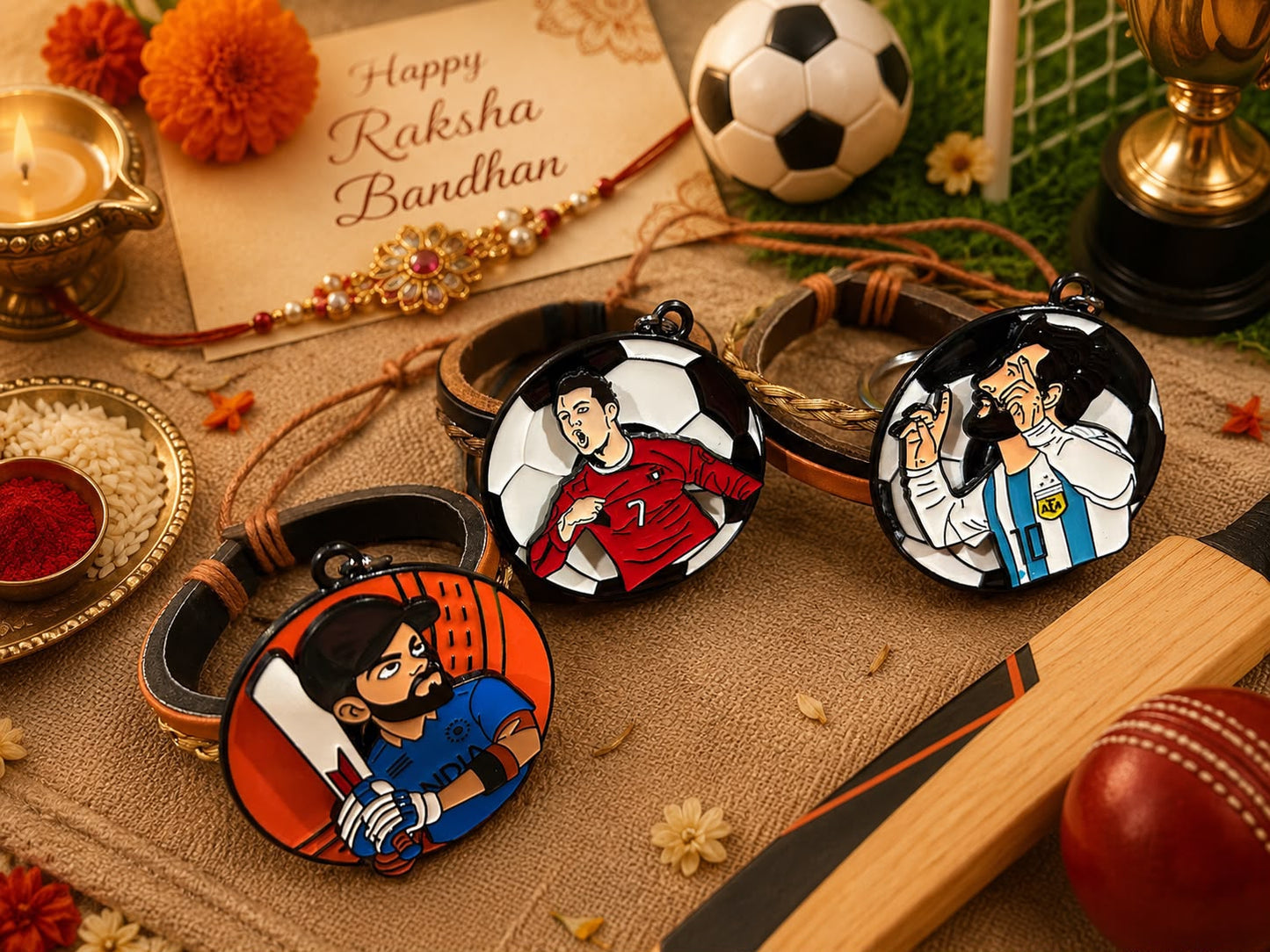 Three circular embroidered bracelets featuring cartoon-style Indian football players, displayed on a rustic burlap surface with festive props including a Rakhi, card, soccer ball, and cricket bat.