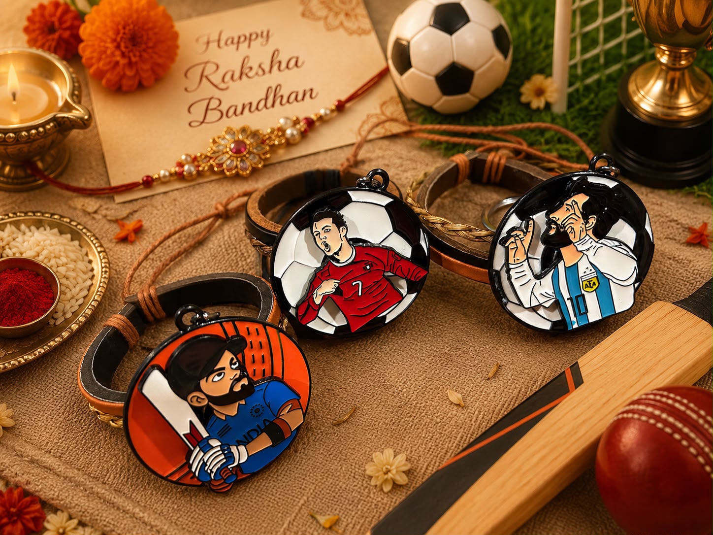 Three circular embroidered bracelets featuring cartoon-style Indian football players, displayed on a rustic burlap surface with festive props including a Rakhi, card, soccer ball, and cricket bat.