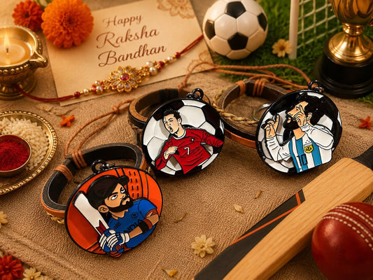 Three circular embroidered bracelets featuring cartoon-style Indian football players, displayed on a rustic burlap surface with festive props including a Rakhi, card, soccer ball, and cricket bat.