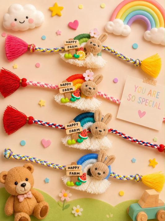 Four handmade braided string wristlets with fluffy white bunny charms, colorful mini rainbows, watermelon accents, and bright tassels, arranged on a pastel background with decorative clouds, stars, a teddy bear, and a note that says 'YOU ARE SO SPECIAL'.