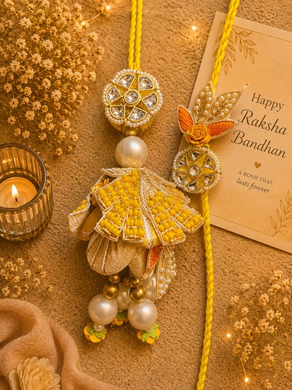 Traditional Designer Brooch Lumba Rakhi Set for Bhai Bhabhi | Crystal & Pearl Handmade Rakhi Set