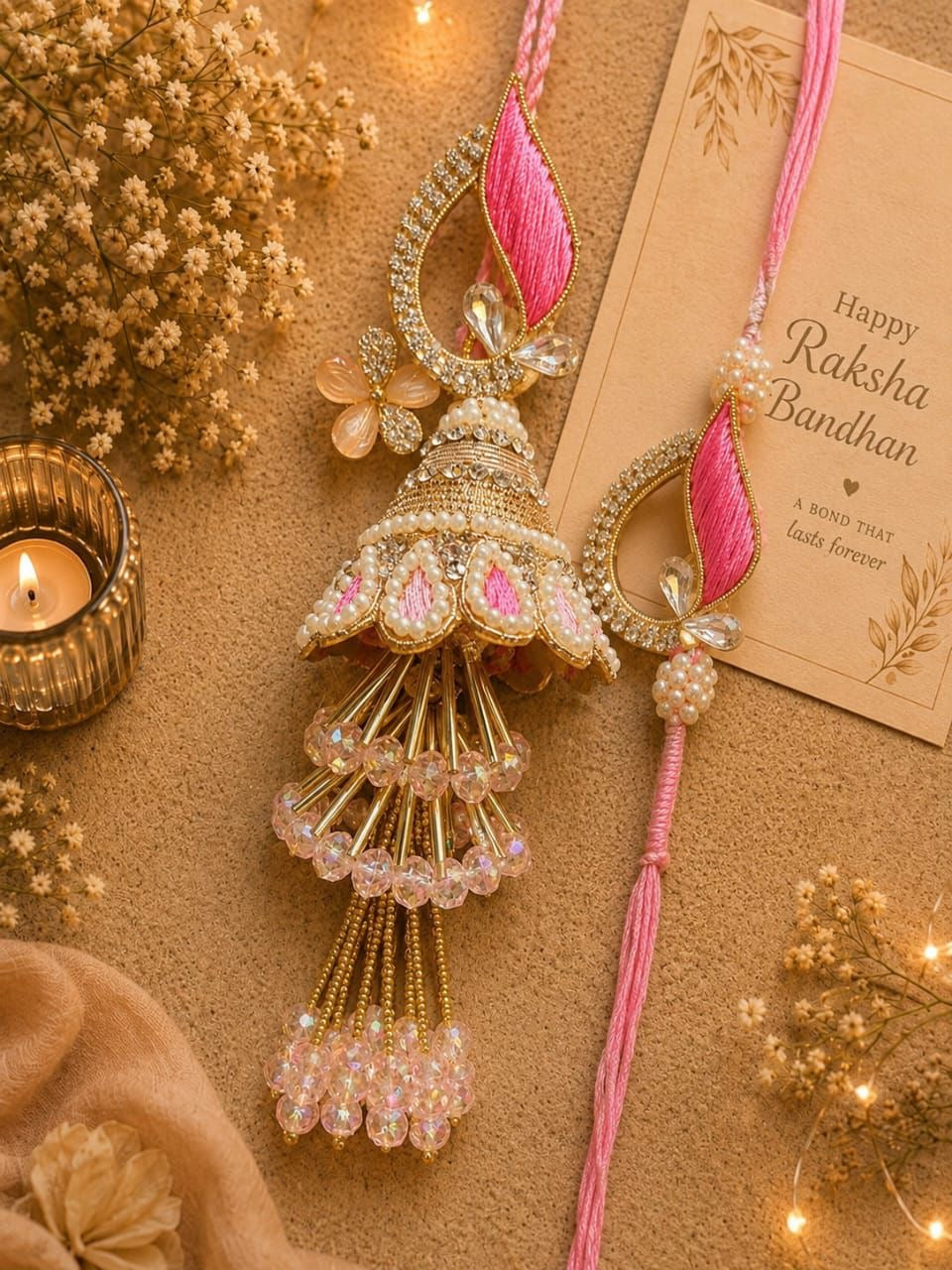 Traditional Designer GOL Lumba Rakhi Set for Bhai Bhabhi | Pink Crystal Rakhi Set | Handmade Rakhi 2026