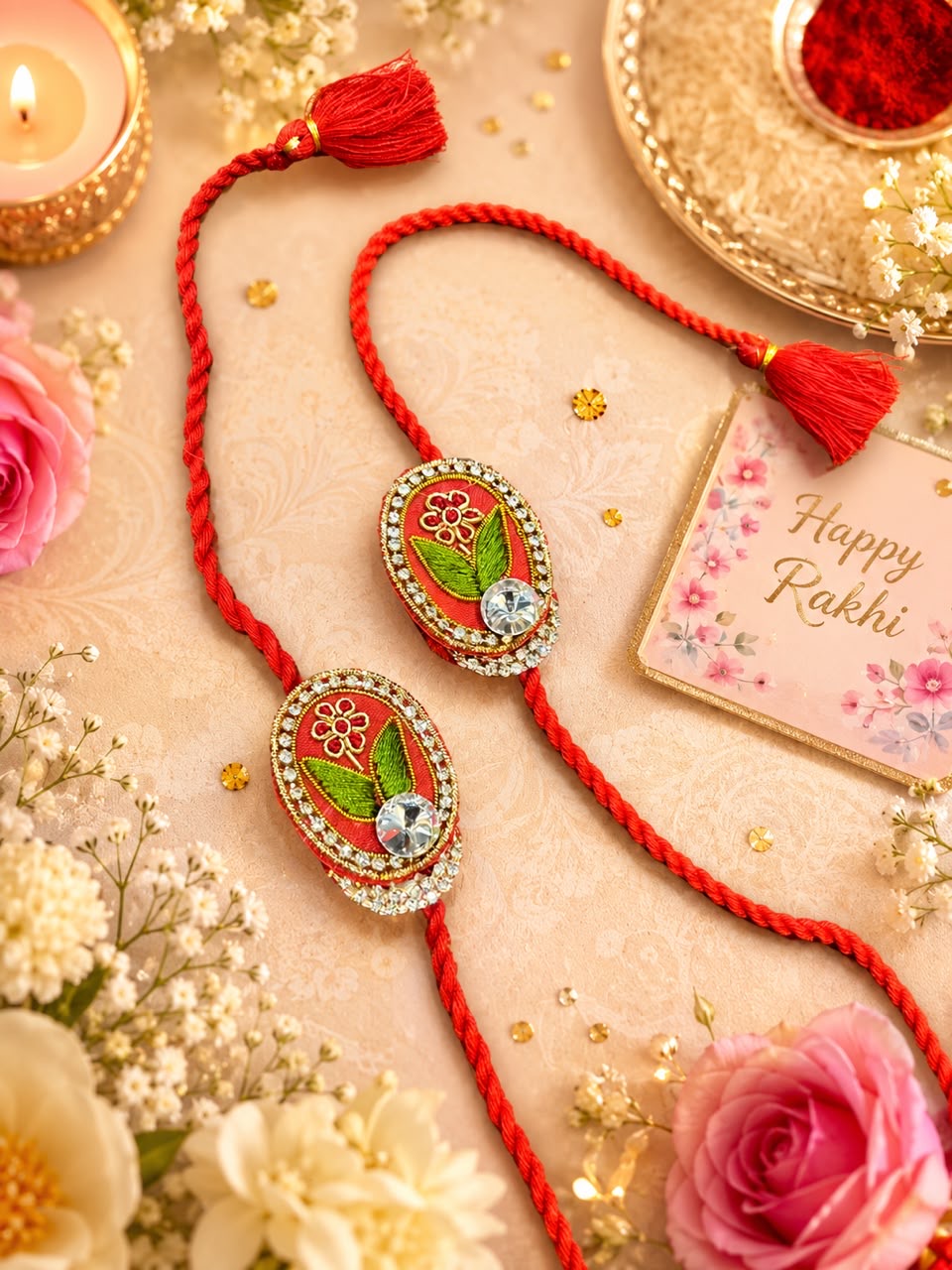 Two red Rakhi cords with oval decorated medallions, displayed on a beige surface with flowers, a lit candle, gold decorative elements, and a small 'Happy Rakhi' card.