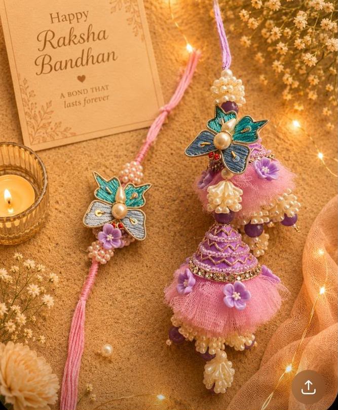 Two decorative Rakhi bracelets displayed on a warm beige surface with a lit candle, dried flowers, and fairy lights. One Rakhi has a pink tassel and a blue-green butterfly charm with pearl beads.