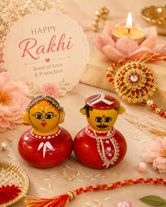 A festive Rakhi-themed flat lay featuring two hand-painted wooden dolls, a red and gold Rakhi, a pink lotus flower, a lit tealight candle, and a round card that reads 'Happy Rakhi - Bond of Love & Protection' on a beige surface with scattered rice and decorative elements.