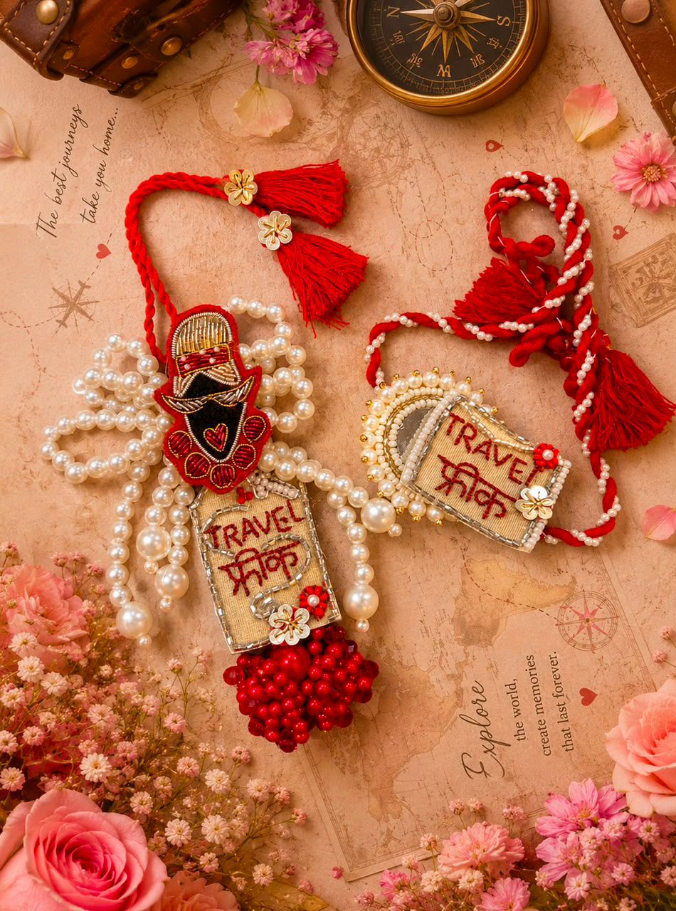 Two red and white traditional Indian travel fakir handkerchiefs decorated with white faux pearls, red tassels, and red bead tassels, displayed on a vintage map background with pink roses and a compass.