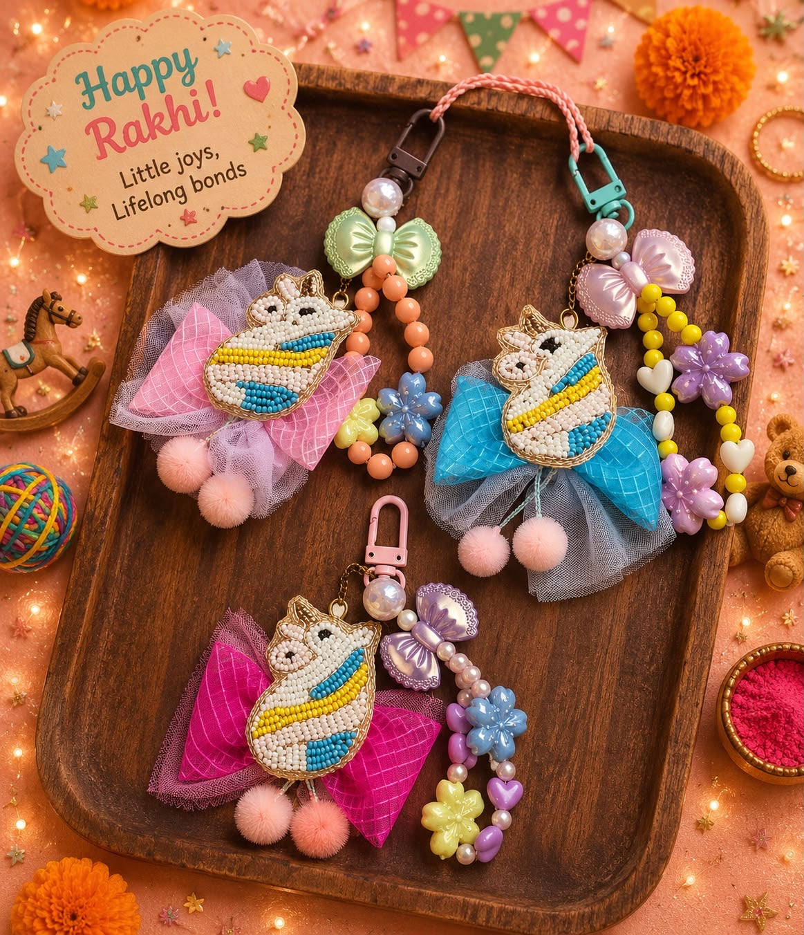 Unicorn Hair Clip Lumba for Girls | Reusable Unicorn Bag Charm & Keychain Rakhi | Kids Rakhi 2026