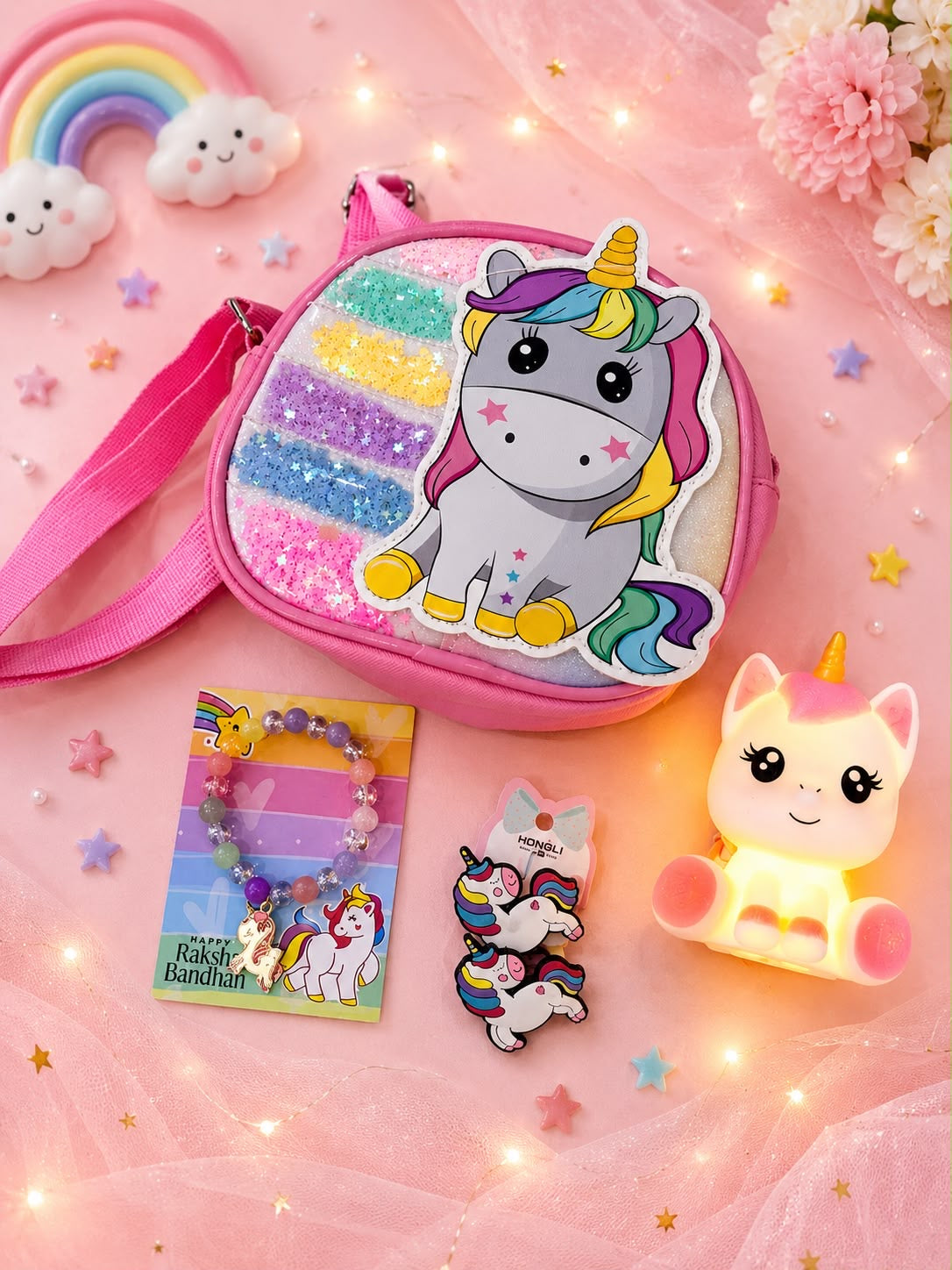 SKH- 01 Unicorn Rakhi Gift Hamper for Girls | Unicorn Sling Bag, Rakhi Bracelet, LED Lamp & Hair Accessories | Kids Rakhi Gift Combo 2026