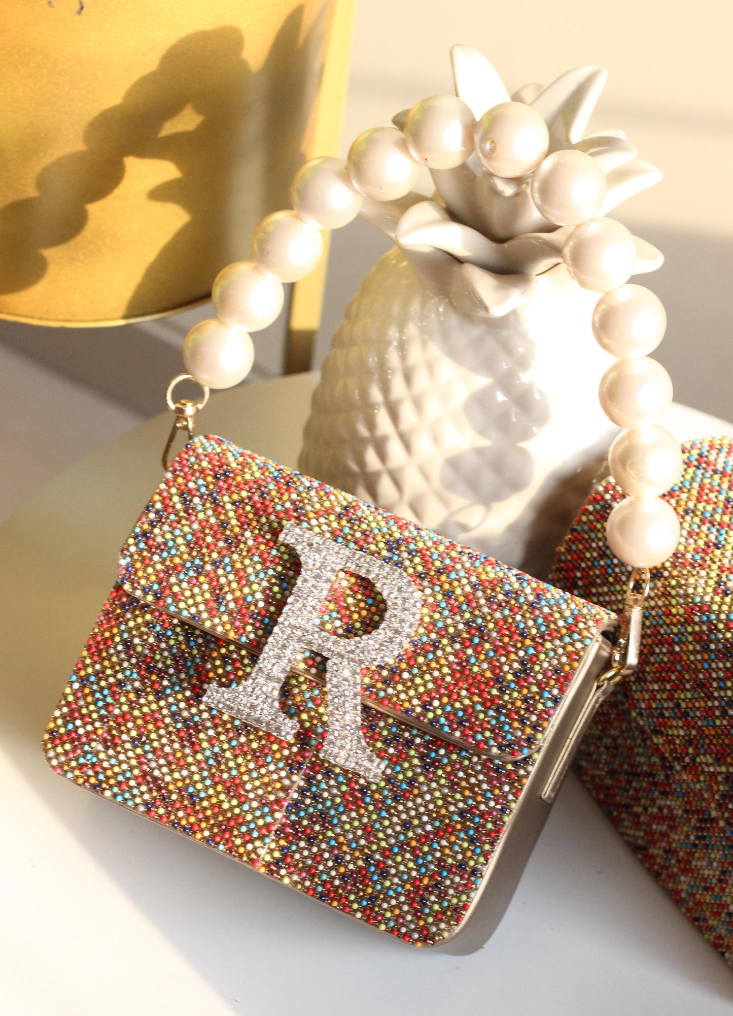 Elegant Initial Customized Clutch Bag with Pearl Handle