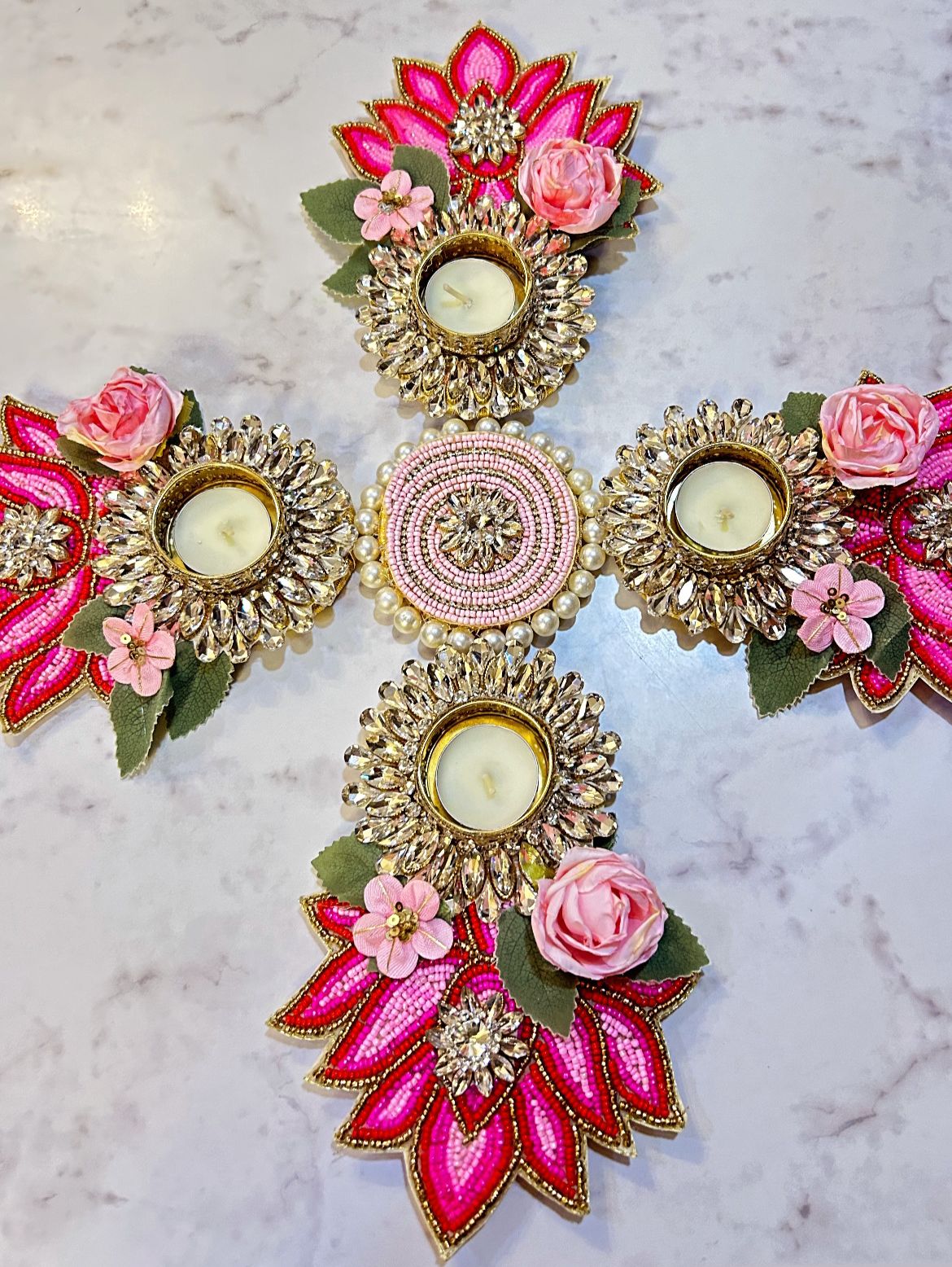 Elegant Fusion: Traditional Yet Modern Dainty Tea Light Rangoli Set (5 pc Set)