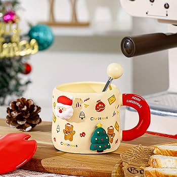 Christmas Ceramic Mugs with Steel Spoon & Magnetic Silicon Charms