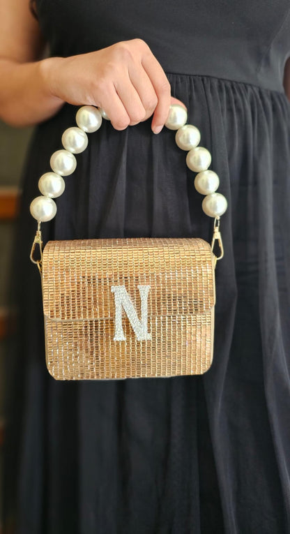 Elegant Initial Customized Clutch Bag with Pearl Handle