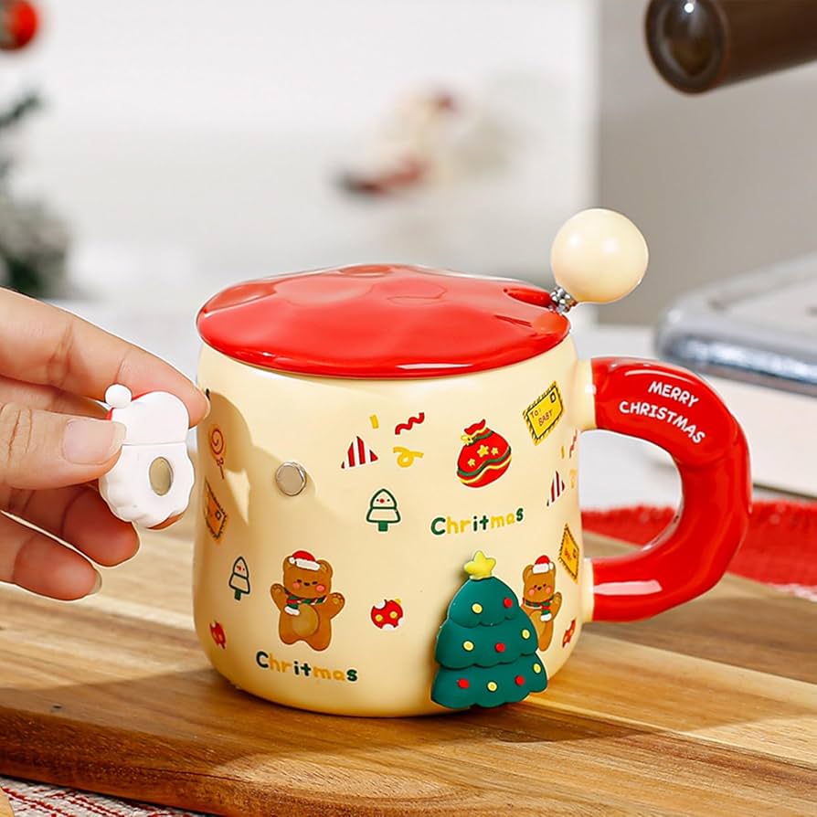 Christmas Ceramic Mugs with Steel Spoon & Magnetic Silicon Charms