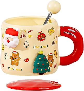 Christmas Ceramic Mugs with Steel Spoon & Magnetic Silicon Charms