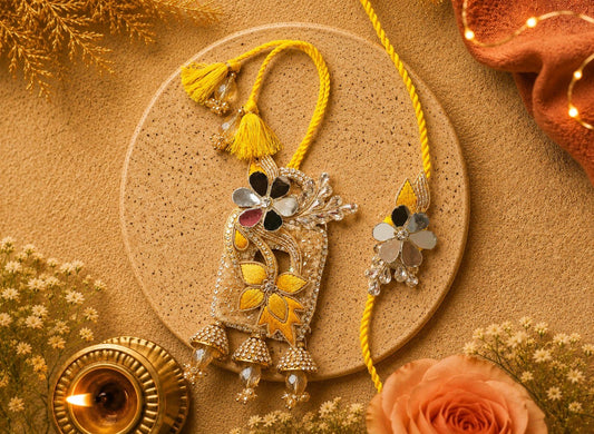 Yellow Designer Bhai Bhabhi Lumba Rakhi Set with Mirror & Crystal Detailing