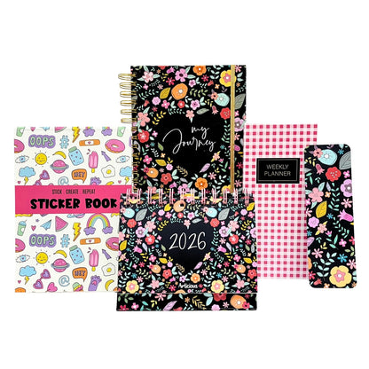 Set of planners and a sticker book with various designs on a white background