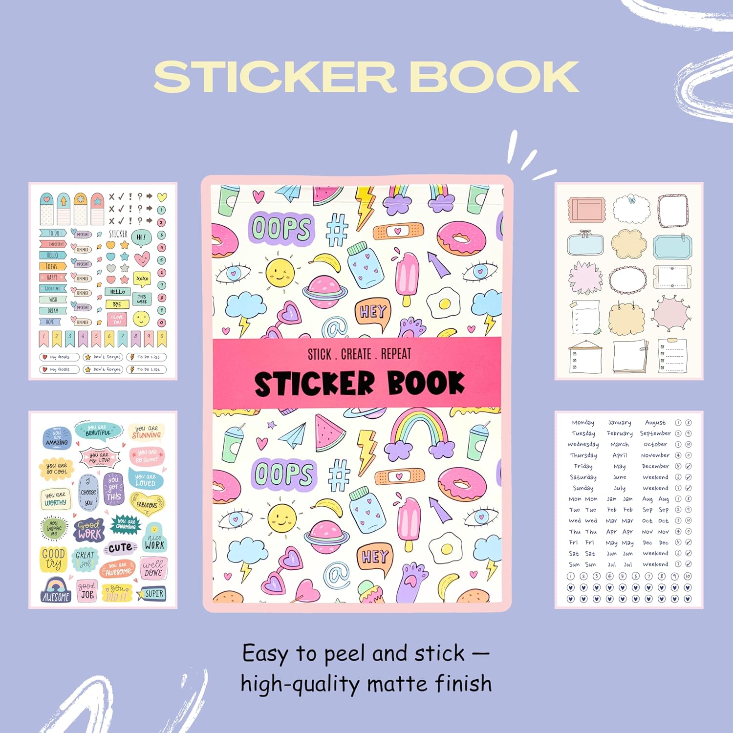 Sticker book with colorful designs on a light purple background