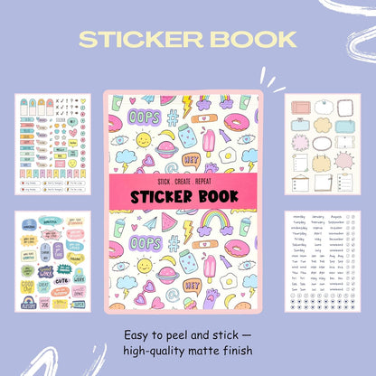Sticker book with colorful designs on a light purple background