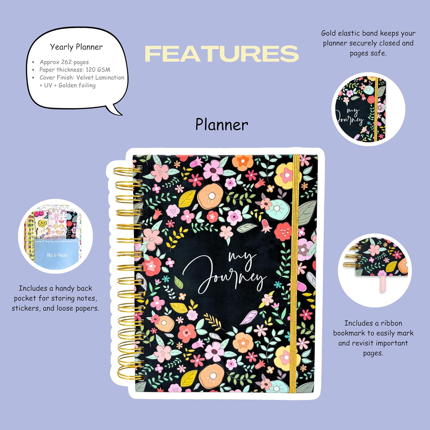 Planner with floral design and text 'my Journey' on a purple background with feature text.