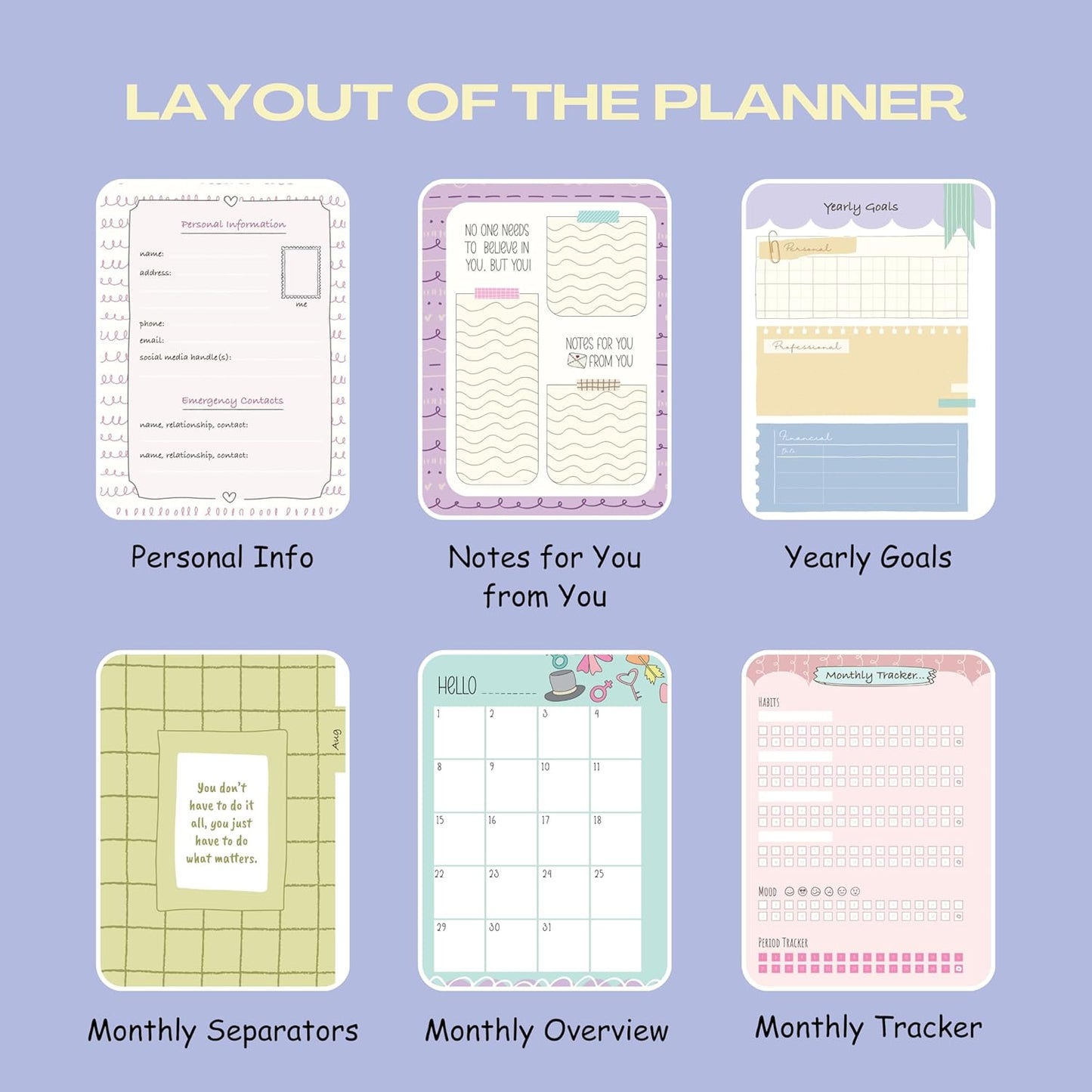 Various sections of a planner with labels on a purple background