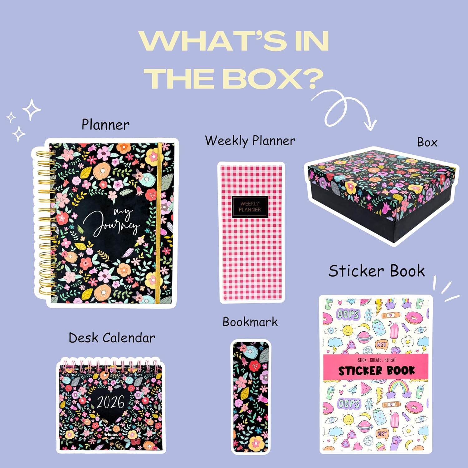 Product packaging with a planner, weekly planner, box, sticker book, desk calendar, and bookmark on a purple background.