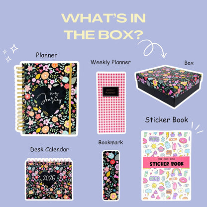 Product packaging with a planner, weekly planner, box, sticker book, desk calendar, and bookmark on a purple background.