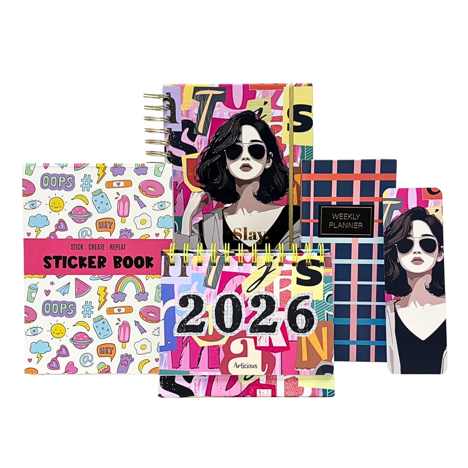 Collection of colorful planners and sticker books with artistic designs on a white background