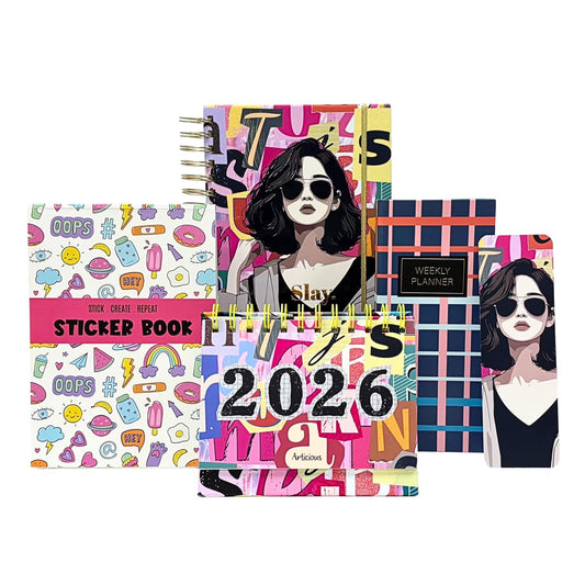 Collection of colorful planners and sticker books with artistic designs on a white background